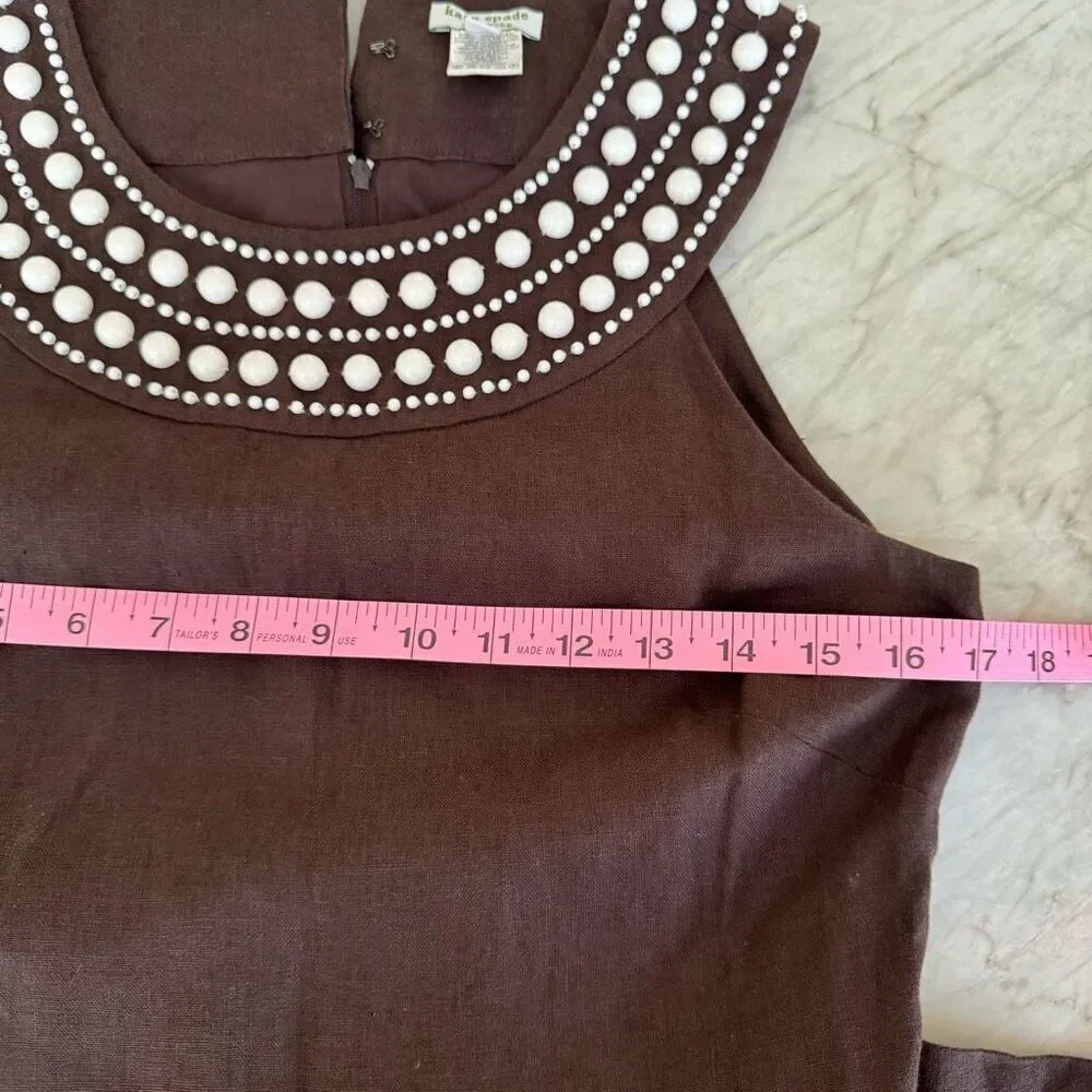 Kate Spade Womens Dress 100% Linen Chocolate Brown Sleeveless Sheath beaded Sz 6